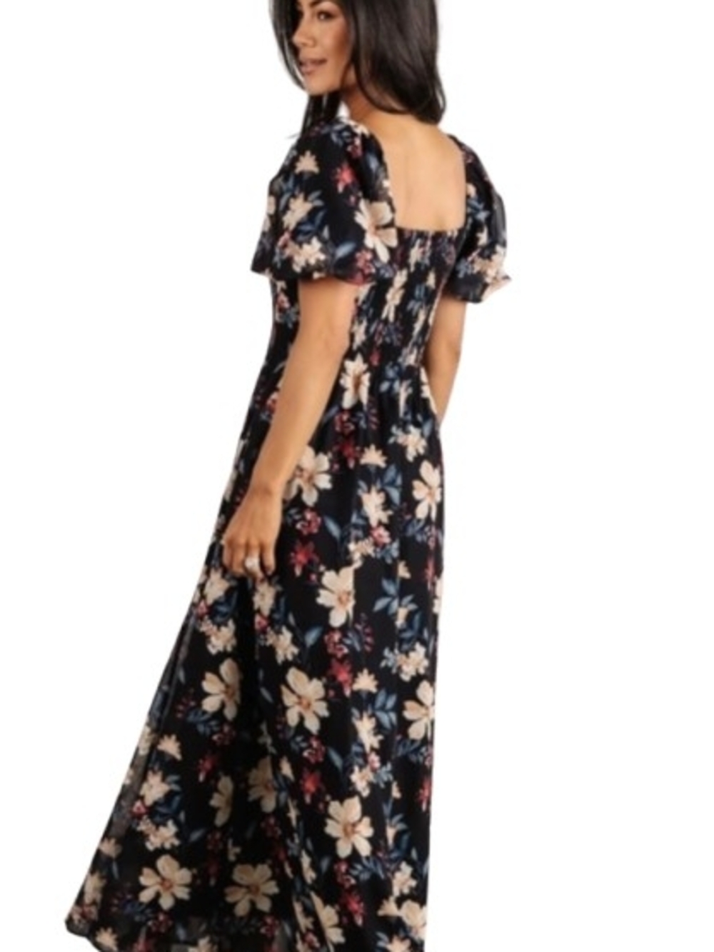 Baltic Born Raelynn Chiffon Maxi Dress Black Floral Size L Smocked Back Romantic